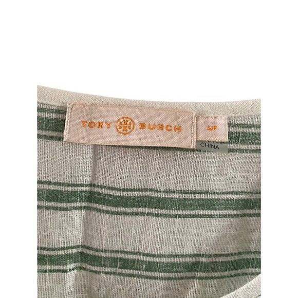 Tory Burch Striped Linen Caftan Size Small Midi Green White Tassels Swim coverup - Picture 4 of 13